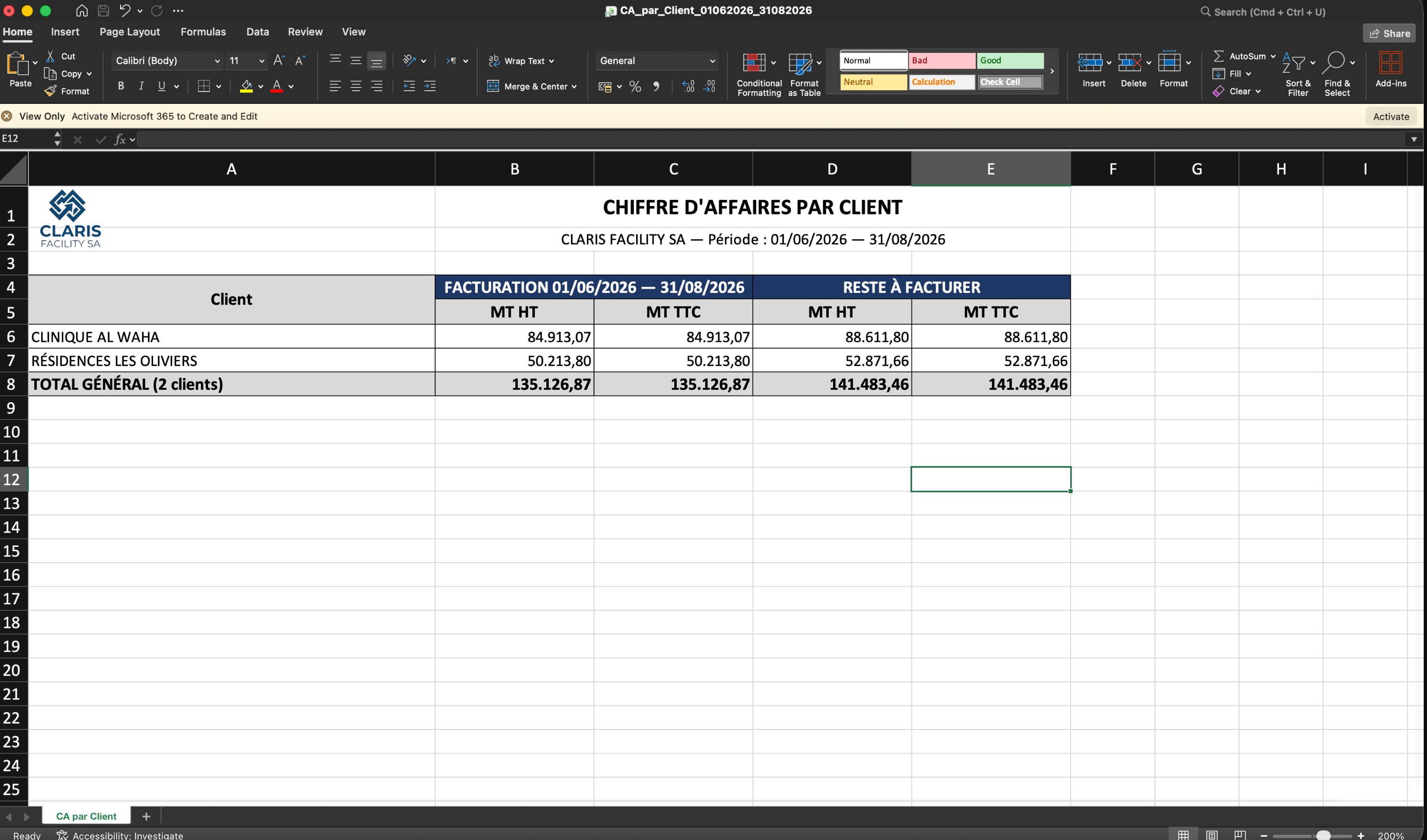 CA par client sous Excel.